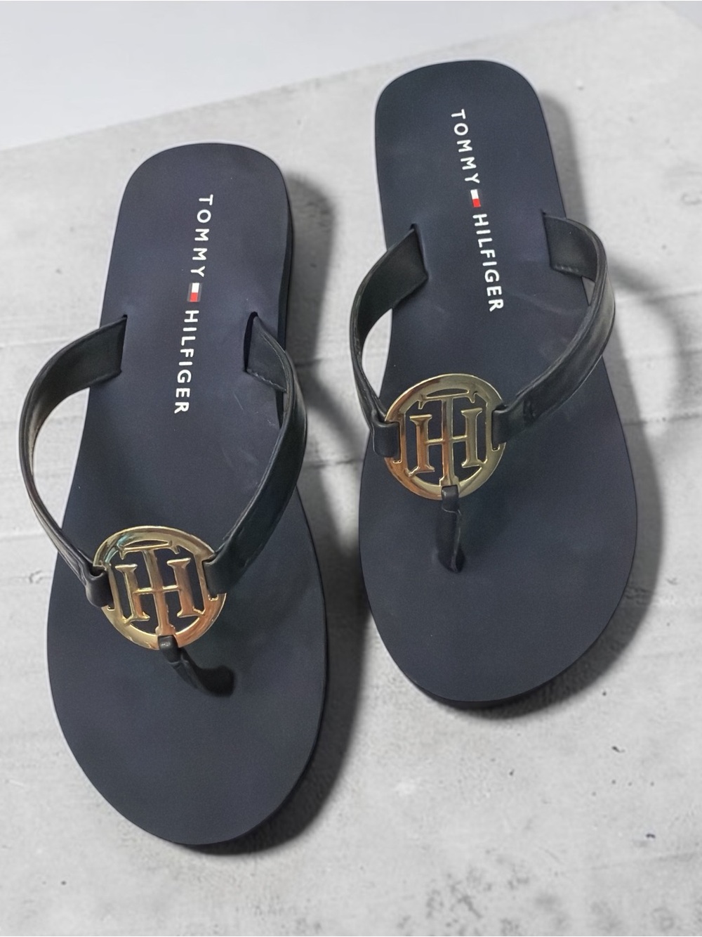 Tommy Hilfiger Navy Flip Flop Sandals with Gold Logo Medallion